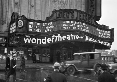 Marquee of the Loew's Jersey Theater in Jersey City, New Jersey - 1930.  Designed by architects Cornelius W. Rapp and George Leslie Rapp.  One of the five "Wonder Theatres" in the New York City area.